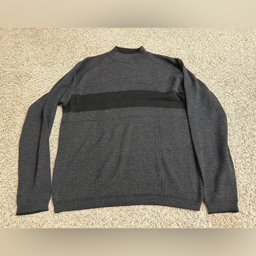 Bachrach Men's Dark Gray Crewneck Sweater Black Chest Stripe Merino Wool Size L
